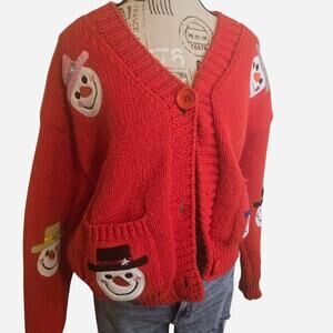 Vintage Snowman Cardigan Sweater – Novelty Knit Retro Holiday Piece
